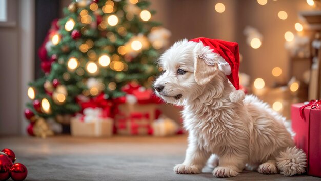 サンタ帽子をかぶったかわいい犬