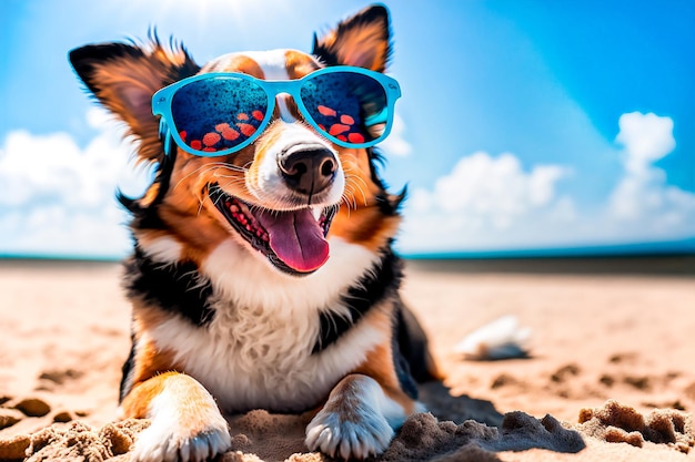 милая собака в солнечных очках наслаждается летом на песчаном пляже