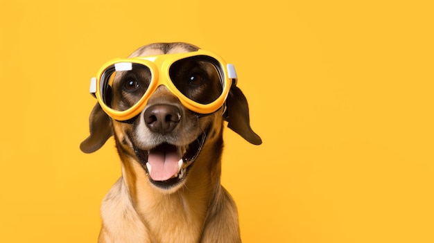 Cute dog wearing a swimming mask on a yellow background