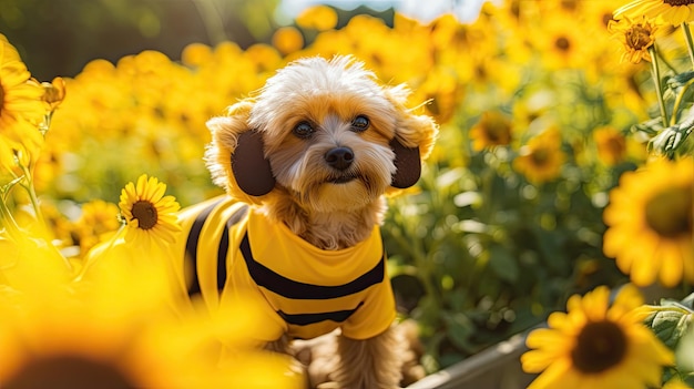 Cute dog wearing yellow bee costume in flower field