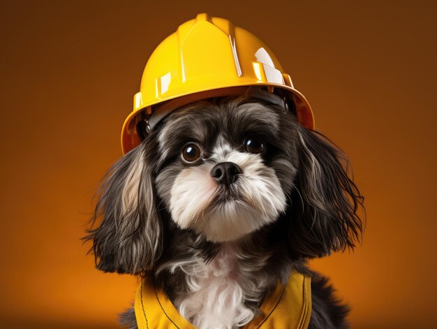 cute Dog wearing yellow helmet or hat on dark yellow background