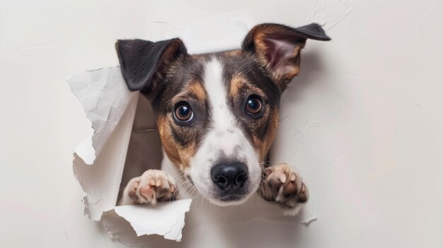 Photo cute dog with big eyes peeking through a torn white paper looking curiously at the camera