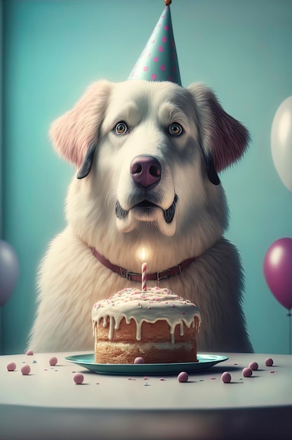 ケーキで誕生日を祝うバースデーハットをかぶったかわいい犬