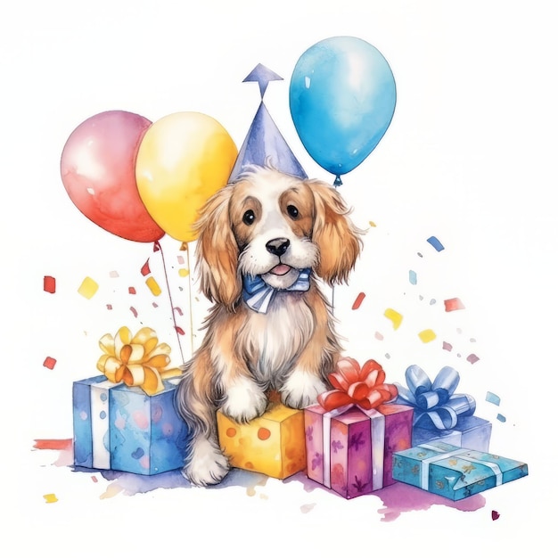 誕生日の帽子とプレゼント ボックスの水彩イラストのかわいい犬