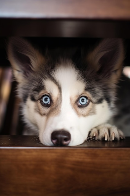 푸른 눈 을 가진 귀여운 개 가 저녁 식사 테이블 사이 를 고 있다