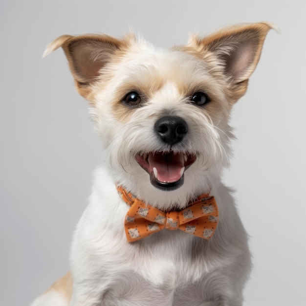 Милая собака с галстуком-бабочкой на белом фоне, счастливое лицо с открытым ртом