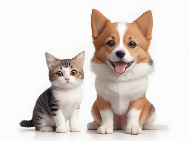 a cute dog with a cat on white background