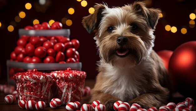 クリスマス ボールの赤い背景を持つかわいい犬