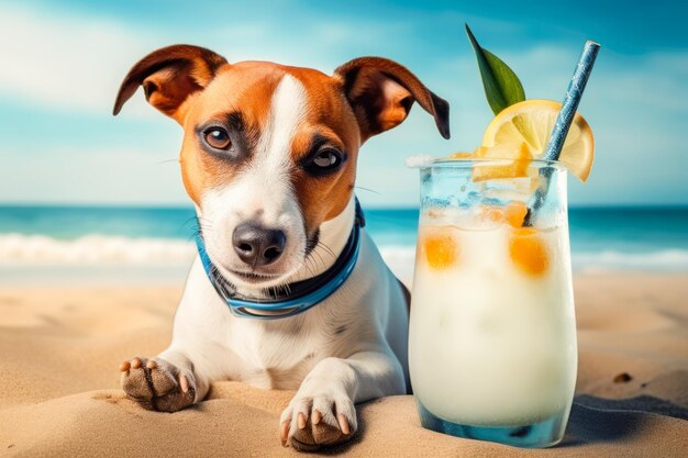 Cute dog with coctail relaxing on sandy beach near sea Summer vacation with pet Generative AI