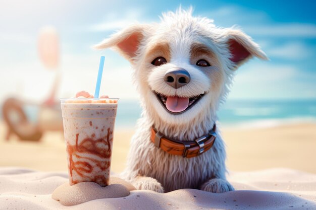 바다 근처의 모래 해변에서 테일과 함께 휴식을 취하는 귀여운 개 애완동물과 함께 여름 휴가