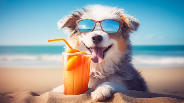 Cute dog with coctail relaxing on sandy beach near sea Summer vacation with pet Generative AI