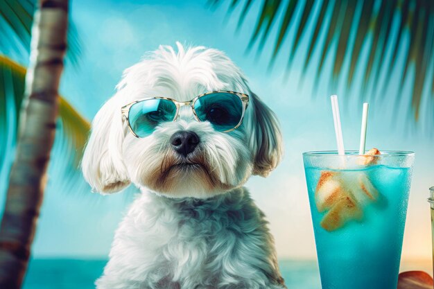 Cute dog with coctail relaxing on sandy beach near sea Summer vacation with pet Generative AI