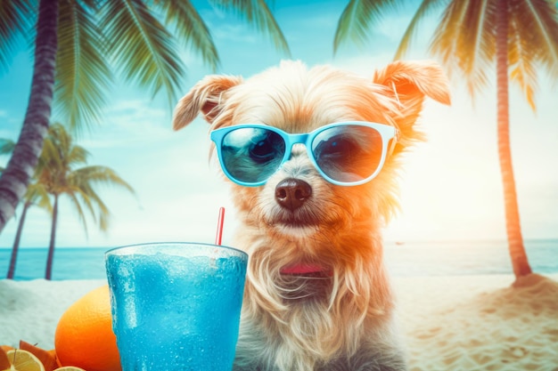 Cute dog with coctail relaxing on sandy beach near sea Summer vacation with pet Generative AI