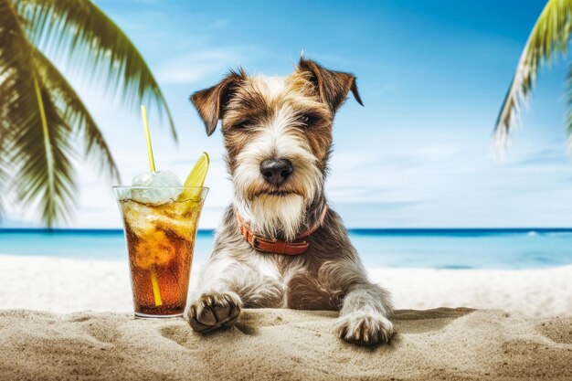 カクテルを飲んだ可愛い犬が海の近くの砂浜でリラックスしている ペットと夏休み ゲネレーティブAI