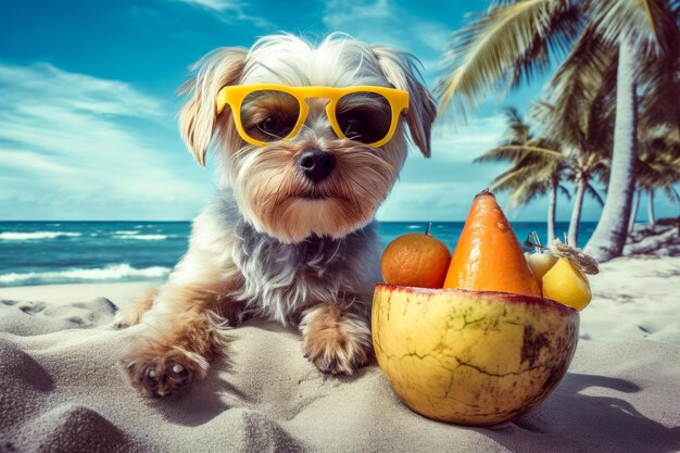 Cute dog with coctail relaxing on sandy beach near sea Summer vacation with pet Generative AI