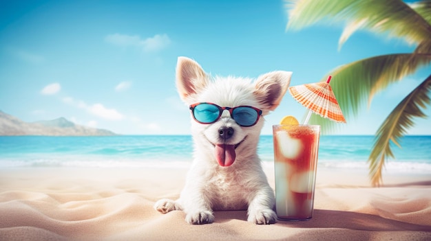 Cute dog with coctail relaxing on sandy beach near sea Summer vacation with pet Generative AI