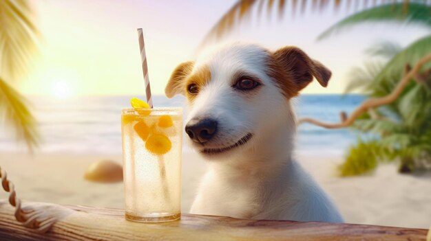 바다 근처 모래사장에서 칵테일을 마시며 휴식을 취하는 귀여운 강아지 애완동물과 함께하는 여름 휴가 Generative AI