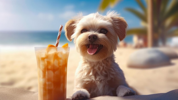 Cute dog with coctail relaxing on sandy beach near sea summer vacation with pet generative ai