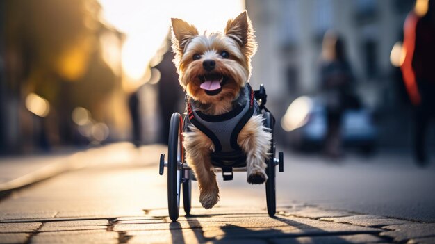 車椅子に乗った可愛い障害のある犬が通りを歩いています 幸せな犬は決してめません