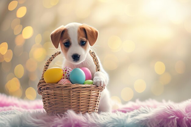 Photo cute dog with easter eggs basket bokeh style background