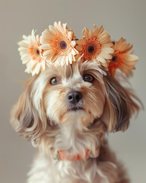 Cute dog with flower wreath on head on gray background