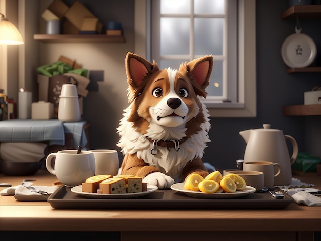 a cute dog with food waiting for him