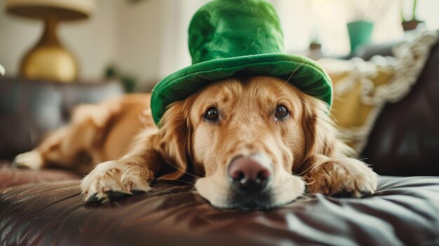 Cute dog with green hat at home St Patricks Day celebration