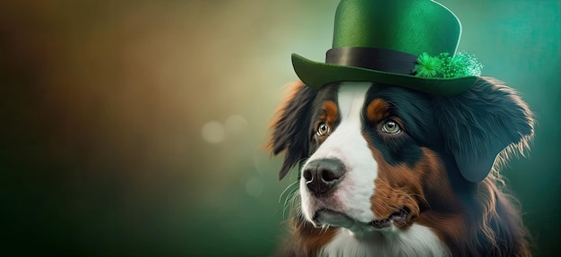 Simpatico cane con cappello verde per il giorno di san patrizio su uno sfondo colorato sfocato ia generativa