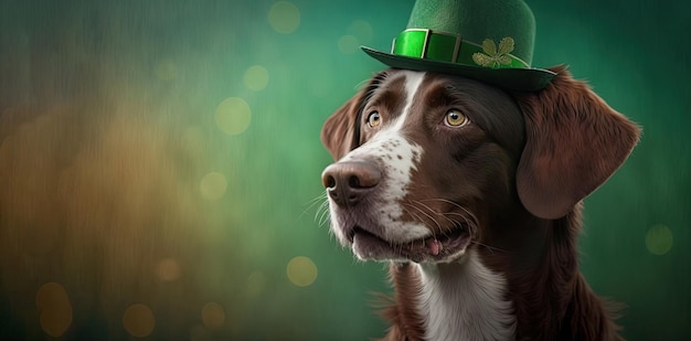 ぼかした色付きの背景に緑の聖パトリックの日の帽子をかぶったかわいい犬 ジェネレーティブ AI