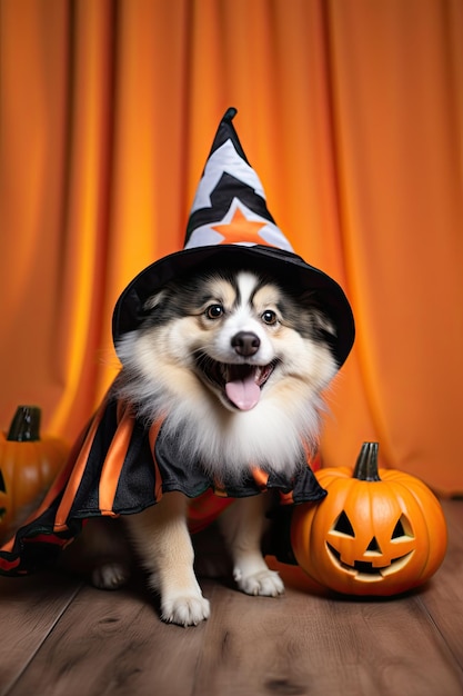 写真 ハロウィーン・コスチュームを着た可愛い犬 季節的なパーティー 生成人工知能