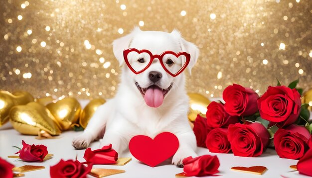 Милая собака с очками в форме сердца и букетом красных роз на золотом блестящем фоне