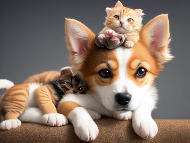 A cute dog with a kitten on its head ai generated