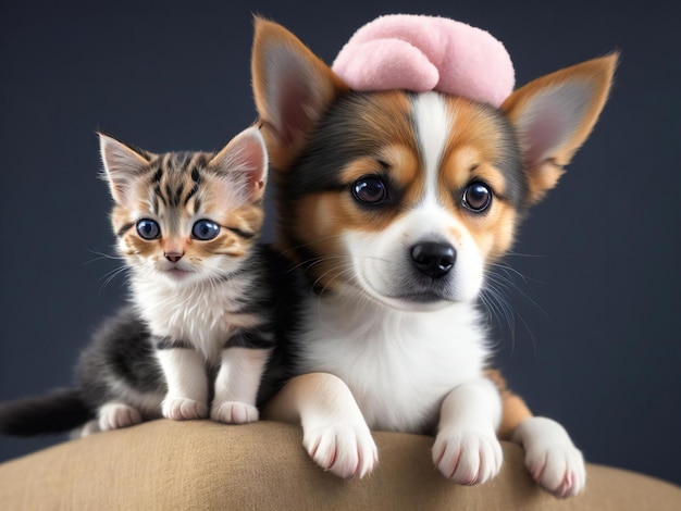 A cute dog with a kitten on its head ai generated