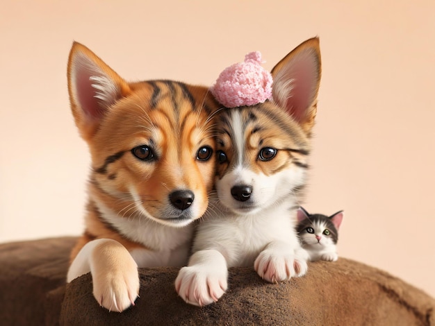 Photo a cute dog with a kitten on its head ai generated