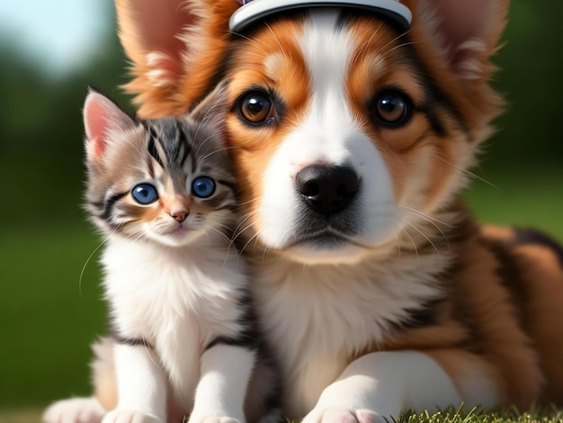 A cute dog with a kitten on its head ai generated