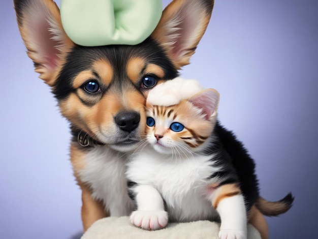 A cute dog with a kitten on its head ai generated