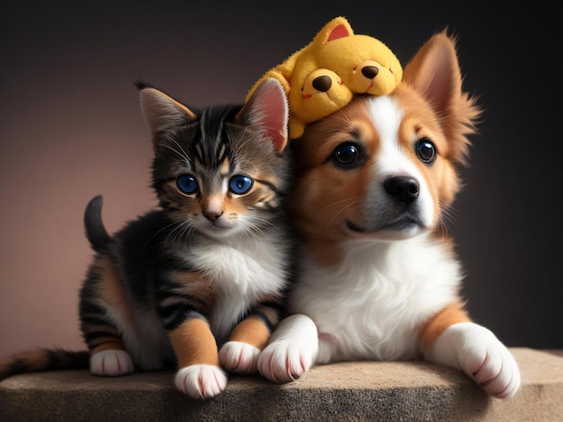 A cute dog with a kitten on its head ai generated