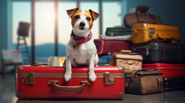 Photo cute dog with luggage at the airport