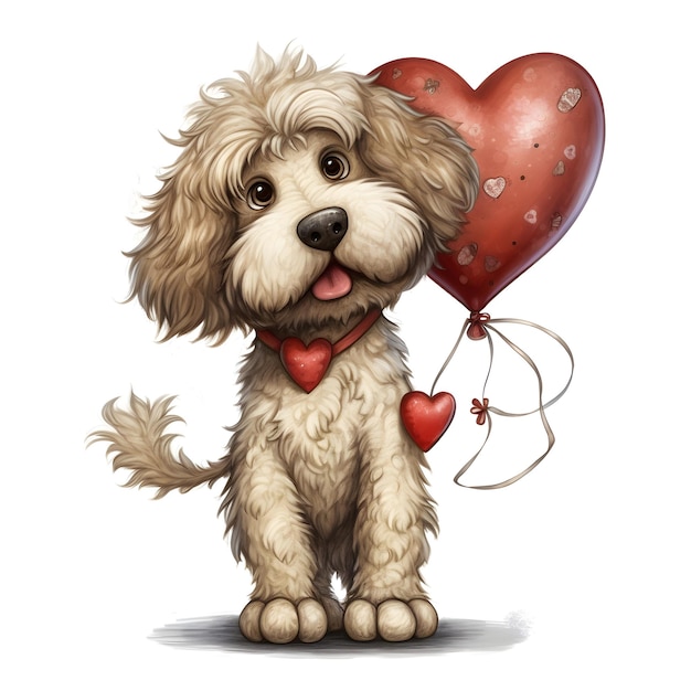 Cute dog with red heart balloon