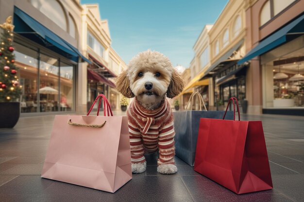 Photo cute dog with shopping bags in the city shopping concept ai generated