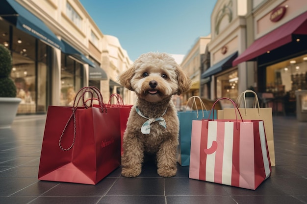 Cute dog with shopping bags in the city Shopping concept ai generated
