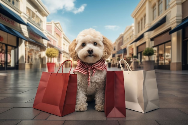 Cute dog with shopping bags in the city Shopping concept ai generated