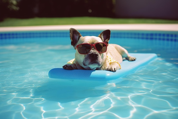 Cute dog with sunglasses in swimming pool Vacation and travel concept AI generative