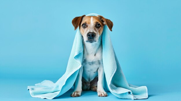 Photo cute dog with towel after washing on color background generative ai