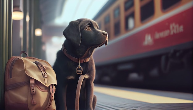 Photo cute dog with travelling backpack at train station ai generated image