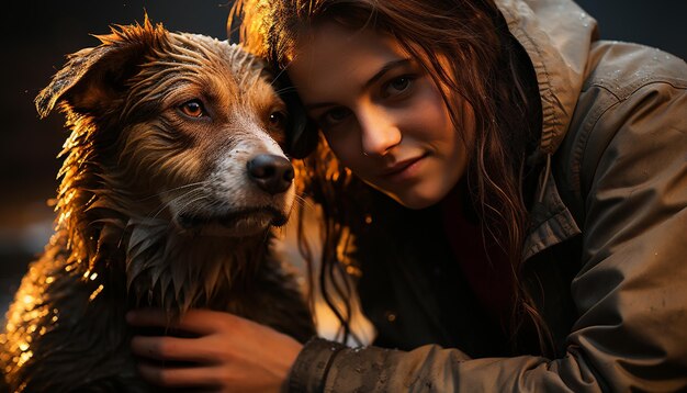 Foto un cane carino e una donna si abbracciano nella natura generata dall'intelligenza artificiale