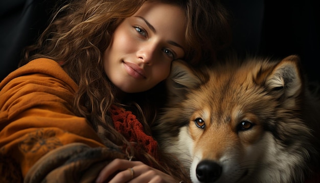 A cute dog and woman smiling friendship and happiness captured generated by artificial intelligence