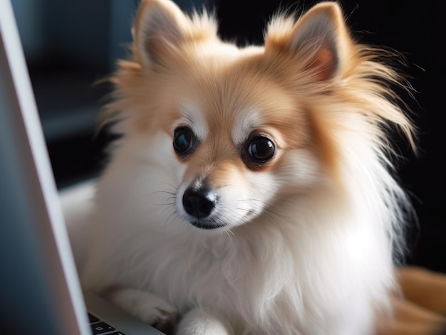 Cute dog working at home office on computer created with Generative AI technology