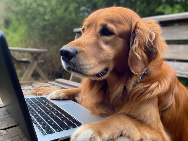 ジェネレーティブAI技術で作成されたコンピュータでホームオフィスで働く可愛い犬