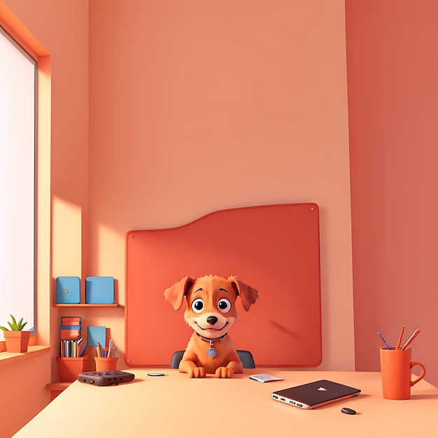 A cute dog working at home red background